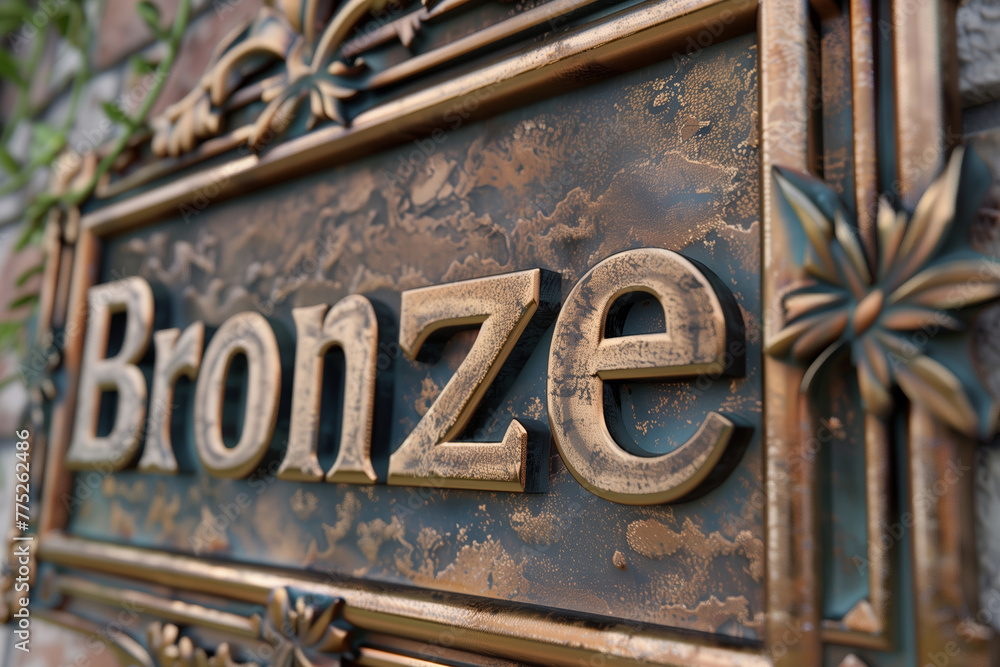 Detailed view of a textured bronze plaque with an intricate floral design and raised lettering Detailed view of a textured bronze plaque with an intricate floral design and raised lettering