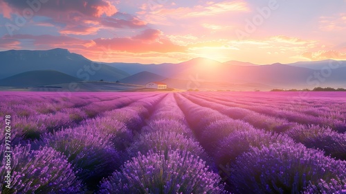 Vivid lavender fields at sunset with charming rural farmhouse in hazy summer twilight scene