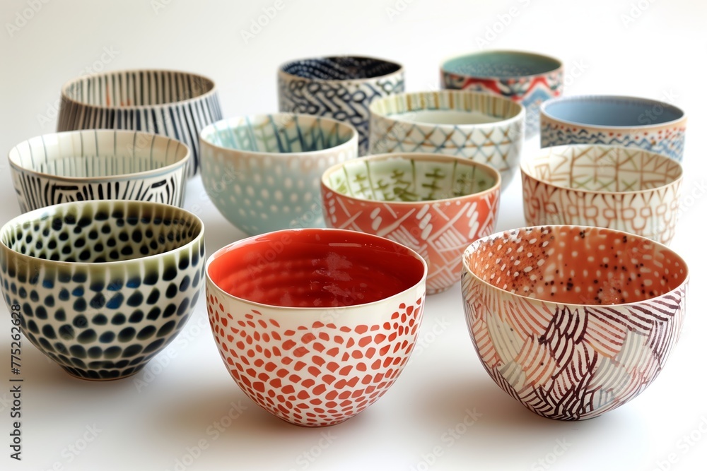 A variety of colorful ceramic bowls with different intricate patterns isolated on a white background A variety of colorful ceramic bowls with different intricate patterns isolated on a white background