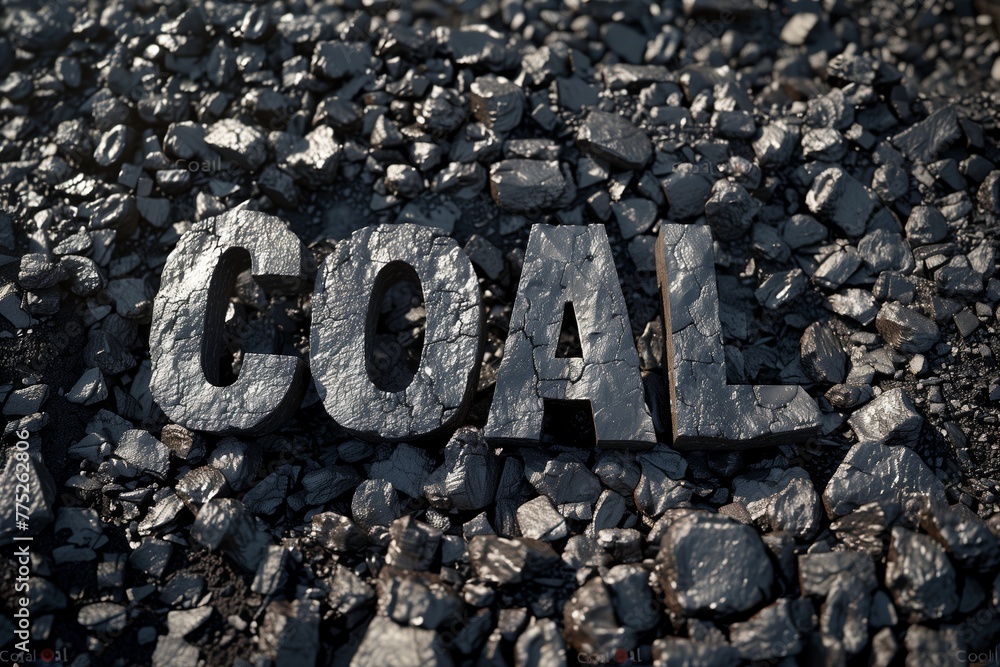 The word 'COAL' artistically spelled out using chunks of coal on a textured surface, conveying a literal message The word 'COAL' artistically spelled out using chunks of coal on a textured surface, conveying a literal message