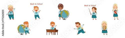 Happy Children in School Uniform in Class Vector Set