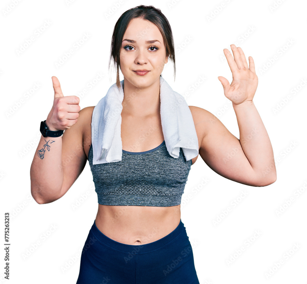 Young hispanic girl wearing sportswear and towel showing and pointing up with fingers number six while smiling confident and happy. Young hispanic girl wearing sportswear and towel showing and pointing up with fingers number six while smiling confident and happy.