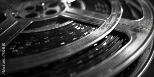 Black and white image of a film reel, perfect for nostalgic projects