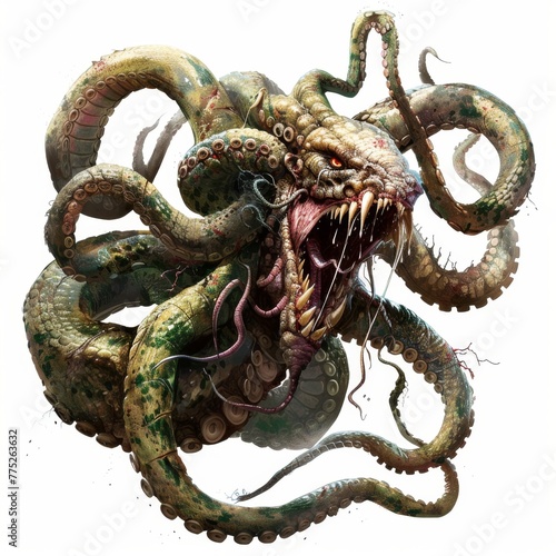 A Hydra regenerating a head, embodying resilience and danger, isolated on an ultra-bright pure white background, no background photo
