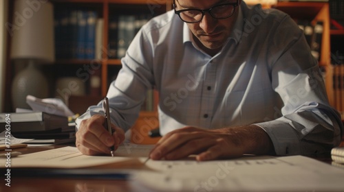 A man sitting at a desk writing on a piece of paper. Suitable for office, education, or business concepts