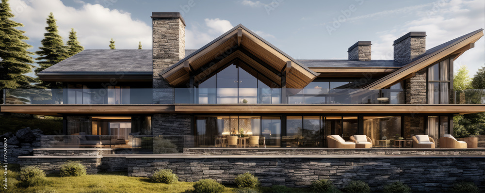 Obraz premium Wooden modern chalet in alps mountains. Super modern houses or huts with big windows