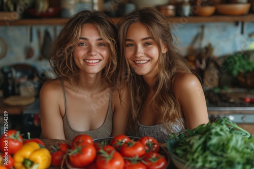 Two smiling and happy young women together in kitchen. © Olesia