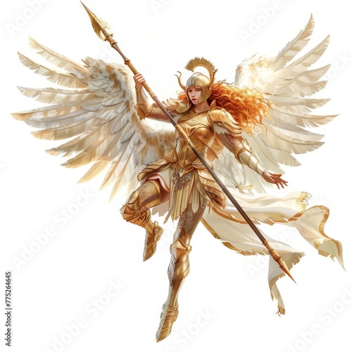 A Valkyrie descending from the heavens, her armor shining and spear ready, a chooser of the slain, isolated on an ultra-bright pure white background, no background photo