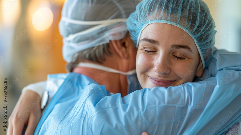 Healthcare workers hugging, emotional support, hospital setting, medical scrubs, protective gear, gratitude, compassion, nurse, teamwork, appreciation Healthcare workers hugging, emotional support, hospital setting, medical scrubs, protective gear, gratitude, compassion, nurse, teamwork, appreciation