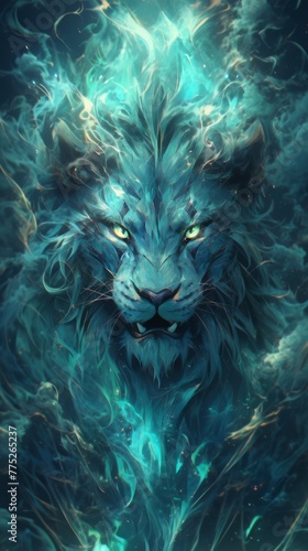 Majestic Blue-Green Lion Surrounded by Mystical Flames and Sparkling Longan Fruits Generative AI