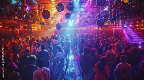1970s disco club instant polaroid vibrant neon lights, lively crowd in detailed costumes