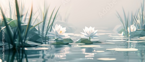 tranquil pond scene, with  water lilies and triangular reeds.