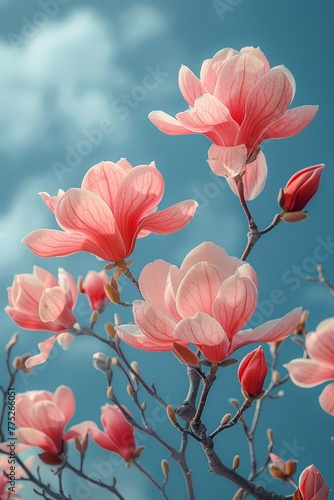 Delicate Pink Magnolia Blossoms against Blue Sky Generative AI