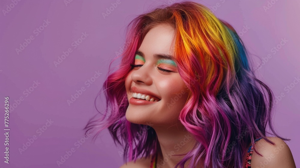 A woman with vibrant hair smiling. Suitable for lifestyle or beauty concepts A woman with vibrant hair smiling. Suitable for lifestyle or beauty concepts