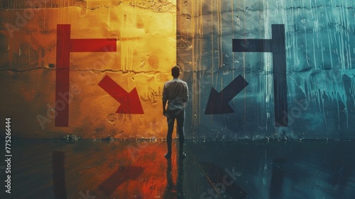 A man standing in front of a wall with painted arrows. Suitable for business concepts