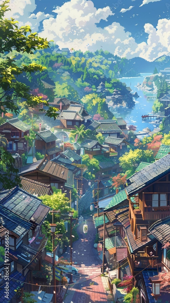 Illustrate a serene utopian village from a unique perspective, eliminating the concept of currency Emphasize 
