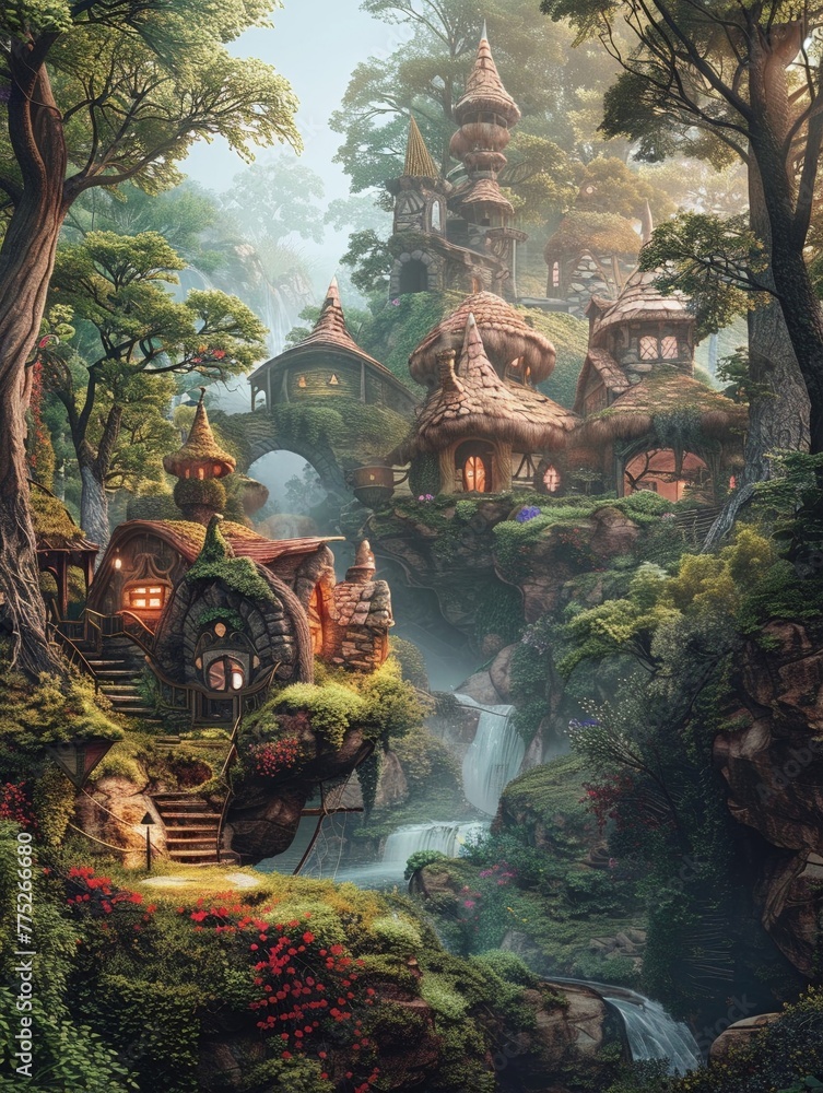 Obraz premium Imagine a captivating scene of fairy villages tucked away in enchanting forests Infuse the panoramic view with mystical elements, vibrant colors, and intricate details 