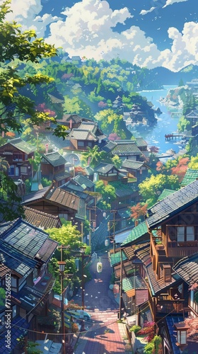 Illustrate a serene utopian village from a unique perspective, eliminating the concept of currency Emphasize 