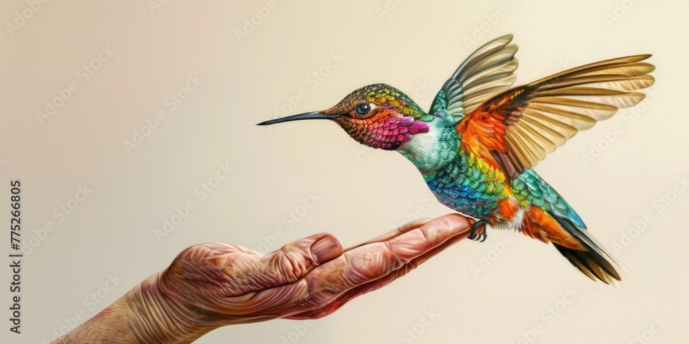 Fototapeta premium A vibrant hummingbird perched on a person's hand. Perfect for nature and wildlife concepts