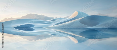 In this serene landscape, abstract geometric patterns hover elegantly over a seamless blend of gently rolling sand dunes and a peaceful, mirror-like lake.