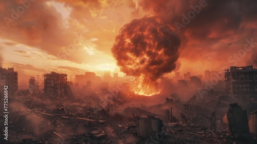 A large explosion in a city. Suitable for news articles or disaster preparedness materials