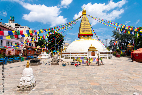 nepalese style stupa at kathmandu street	 photo