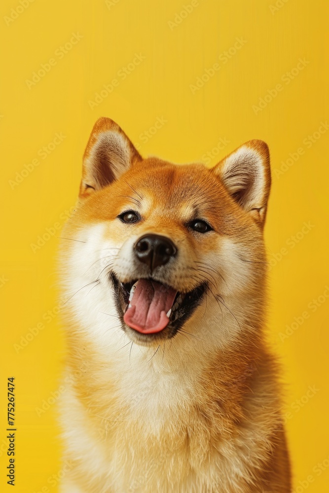 Detailed shot of a dog against a bright yellow backdrop. Suitable for pet-related designs