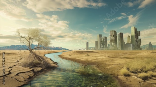 A conceptual image showcasing the challenges of water management in both arid and flood-prone regions