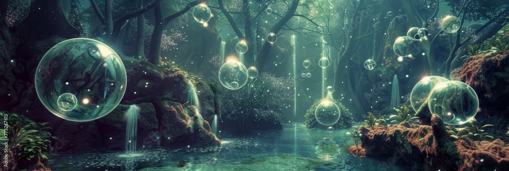 Mystical 3D landscape, where magical springs and floating orbs of light create a sanctuary of tranquility, inviting exploration into the unknown and mysterious - obrazy, fototapety, plakaty 