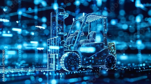 digital blue forklift truck with glowing data streams symbolizes the optimization of artificial intelligence in warehouse management and inventory control. 
