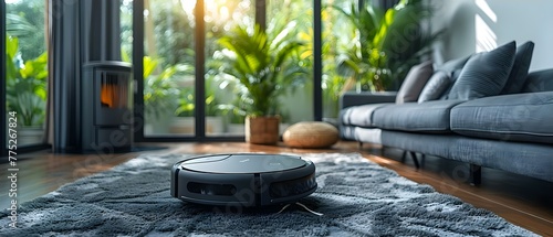 Robot vacuum efficiently navigates home tackling household chores leaving floors spotless modern living convenience. Concept Home Cleaning, Robot Vacuum, Smart Technology, Floor Care, Modern Living