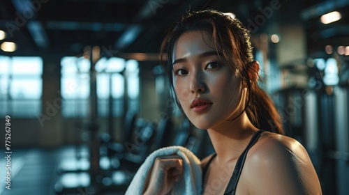 Fitness Asian woman after training in gym photo