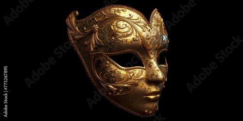 Elegant gold masquerade mask on a dark, mysterious background. Perfect for themed events and parties
