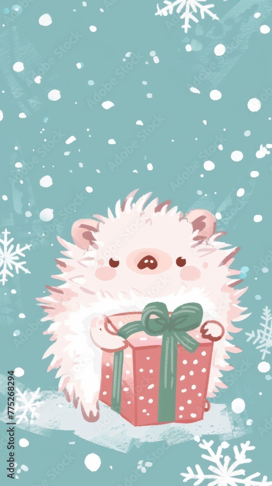 A light card with a cute hedgehog in a festive mood holding a gift. Copy space banner A light card with a cute hedgehog in a festive mood holding a gift. Copy space banner