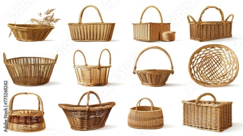 Various wicker baskets displayed on a clean white background. Ideal for home decor or storage concepts