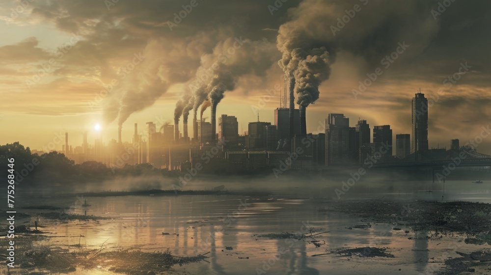 An image depicting the harsh effects of pollution on urban and natural environments, including smog-covered cities and polluted rivers