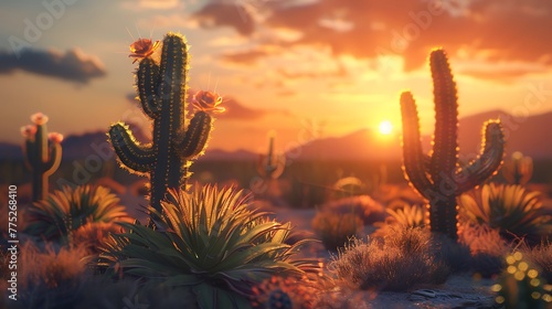 Cacti standing tall against the backdrop of a setting sun