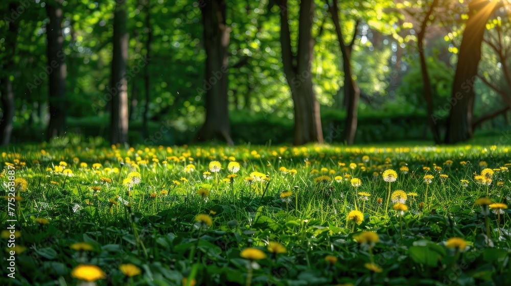 Beautiful spring natural background. Landscape with green grass with blooming dandelions and trees in the garden Beautiful spring natural background. Landscape with green grass with blooming dandelions and trees in the garden