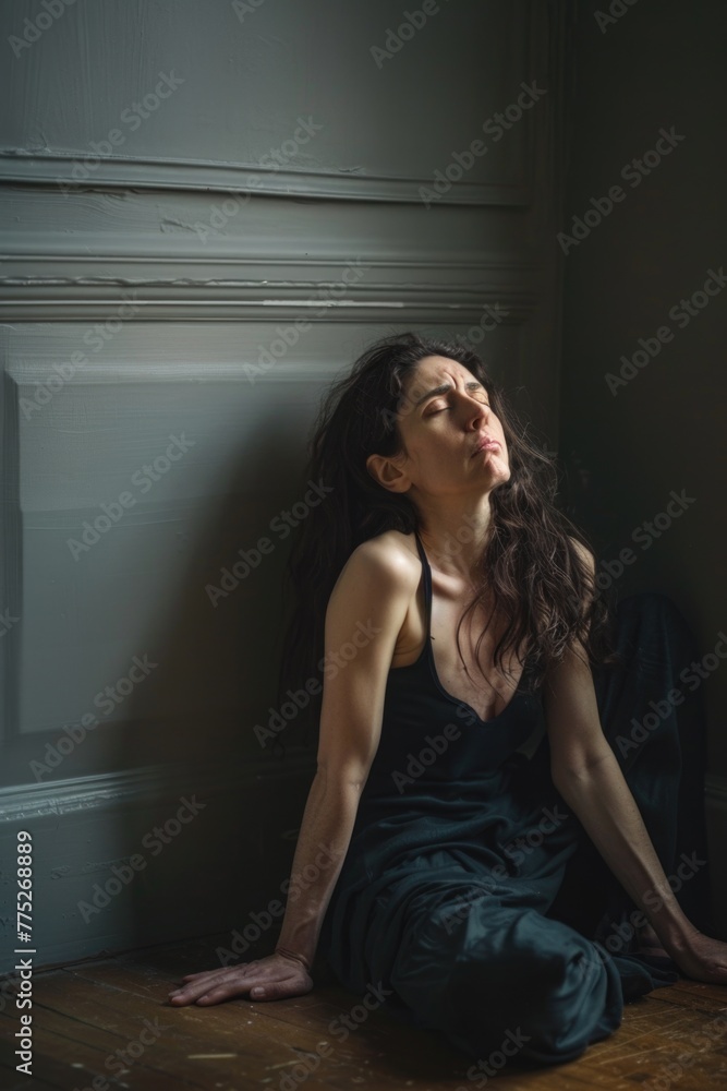 A woman in a black dress sitting on the floor. Suitable for fashion or lifestyle concepts A woman in a black dress sitting on the floor. Suitable for fashion or lifestyle concepts