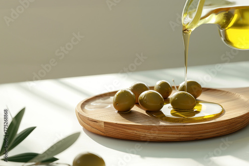 A wooden tray with olives and olive oil