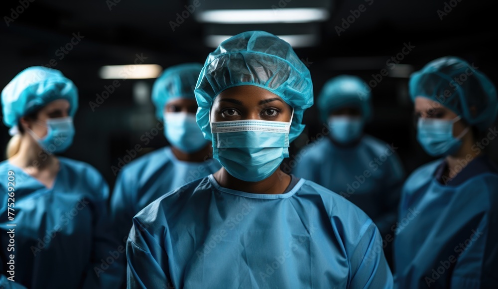 Group of doctors in scrubs and masks Group of doctors in scrubs and masks