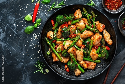 Stir fry with chicken and asparagus. Chicken stirfry. Chinese food.