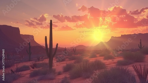 Wild West Texas desert landscape with sunset with mountains and cacti.