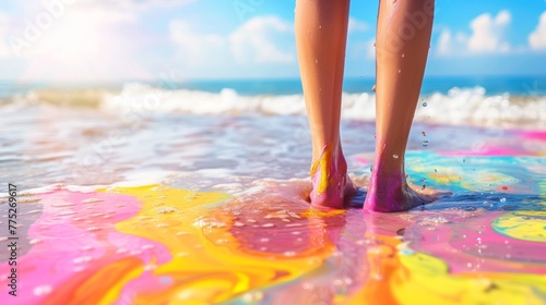 A person standing in the sand with their feet painted  AI