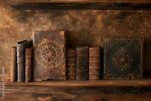 Classic Leather Bound Books on an Aged Wooden Shelf photo