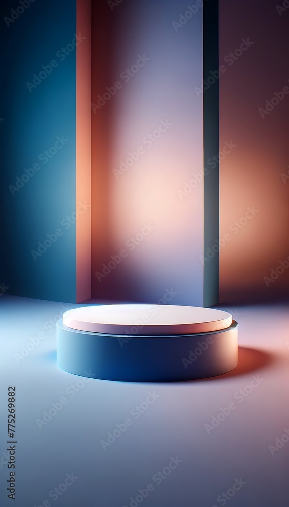 Indigo and peach 3D empty rounded podium. 3d stage for product display. an abstract platform for product presentation. podium for advertisement. tech products mockup. empty studio room Indigo and peach 3D empty rounded podium. 3d stage for product display. an abstract platform for product presentation. podium for advertisement. tech products mockup. empty studio room