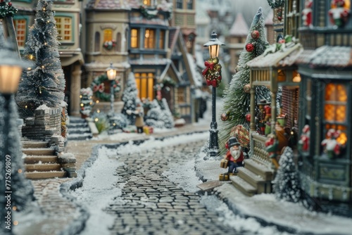 Miniature Winter Village Scene with Cobblestone Path