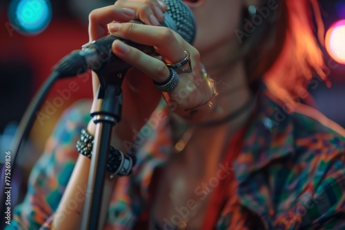 Vocalist Adjusting Microphone on Stage, Intense Focus © Ilia Nesolenyi