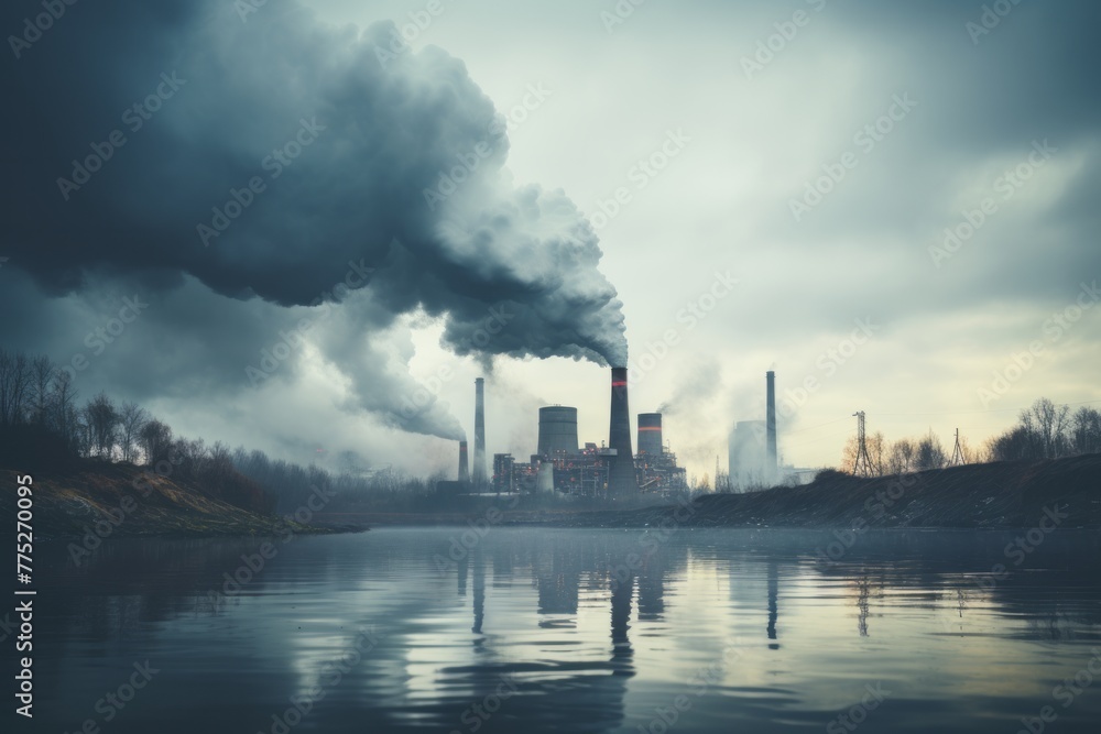 Smoke billows from a factory chimney situated near a body of water, polluting the air and potentially affecting the surrounding environment and wildlife