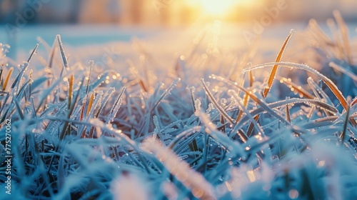 Close up of frost covered grass with the sun in the background. Perfect for winter themes and nature concepts © Fotograf